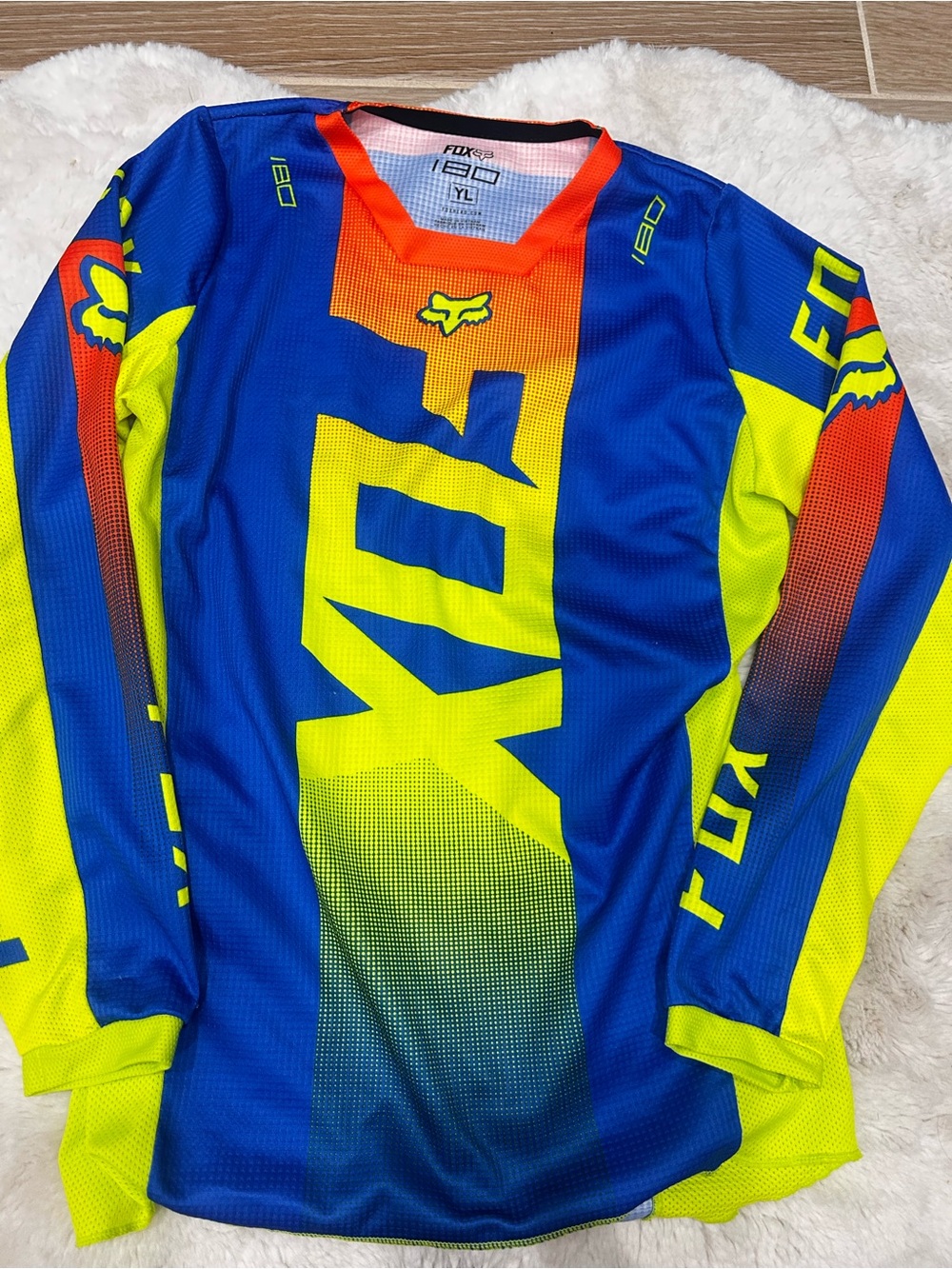 Fox Kids Long Sleeve MX Jersey in Blue, Neon Yellow & Orange